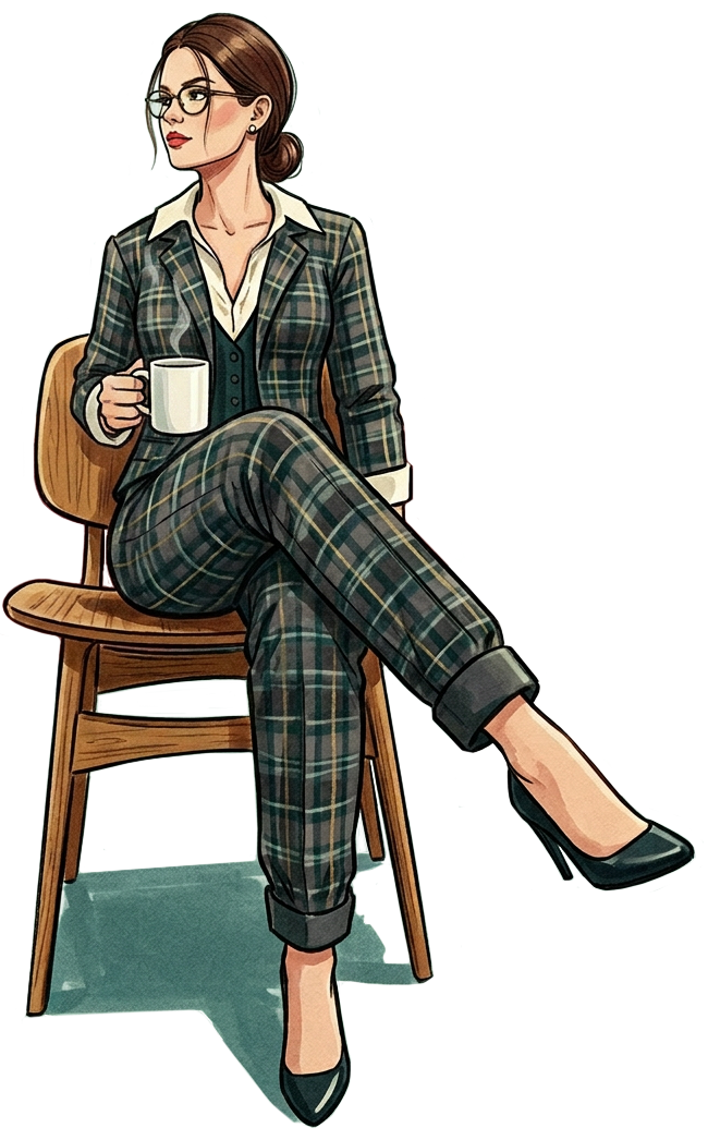 Illustration of a woman in a suit with coffee, seated in a chair.